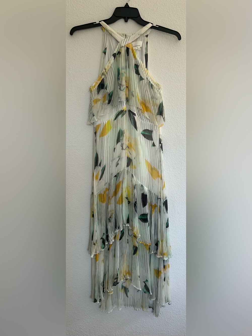 Anthropologie Pleated Halter Maxi Dress in White with Yellow & Green Accents